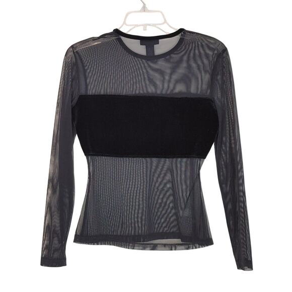 Express Fitted Mesh Top Crew Neck Long Sleeve Stretch Sheer Black Womens Size M - Picture 4 of 7
